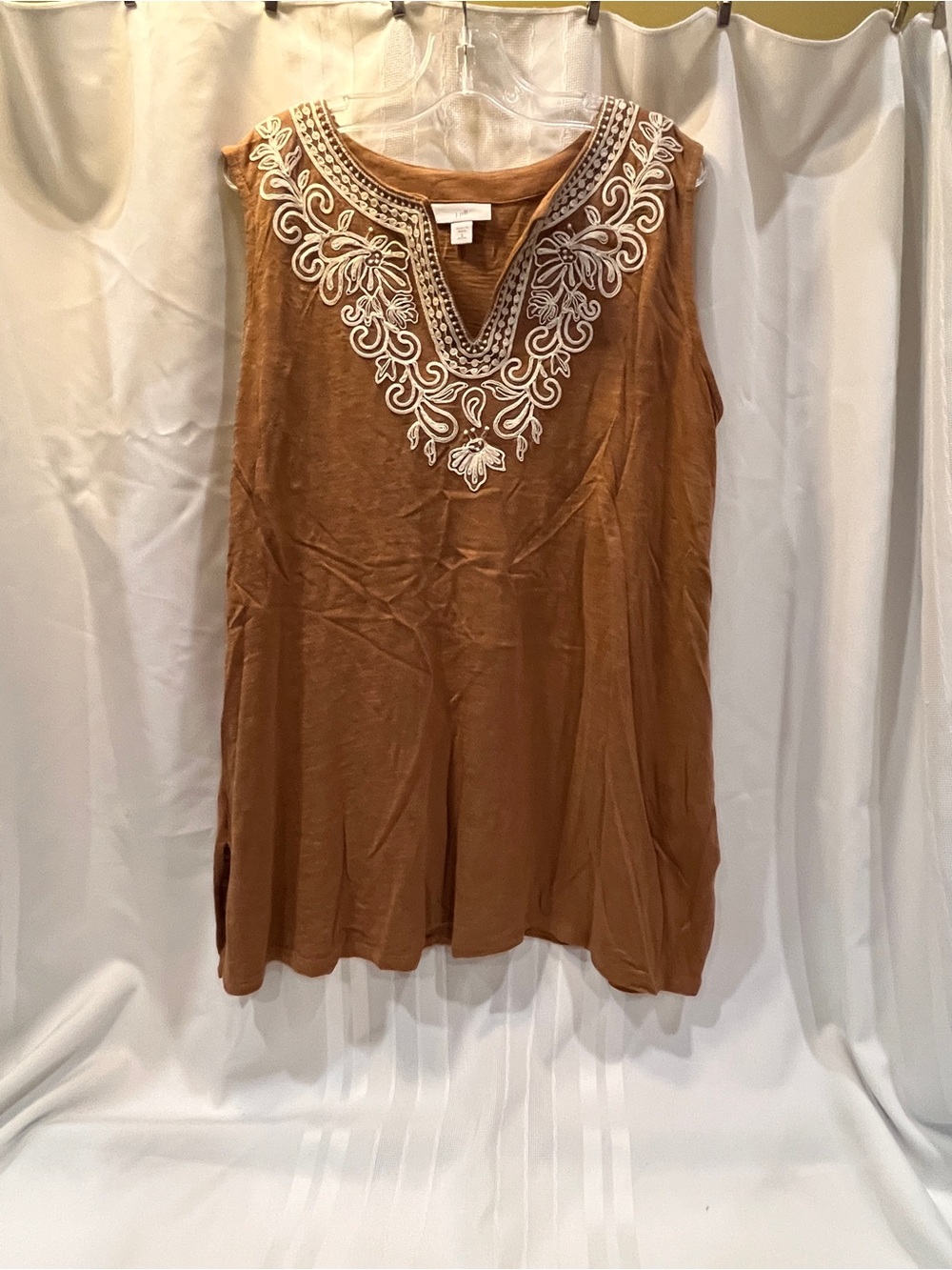 J. Jill Brown Sleeveless Tunic with Cream Embroidered V-Neck